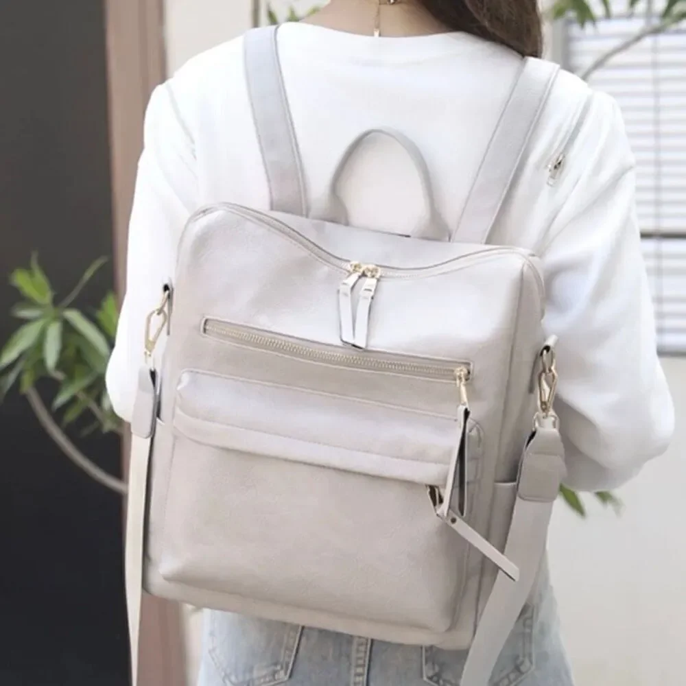 Brand New Grey Leather Backpack With Adjustable Shoulder Tote Strap